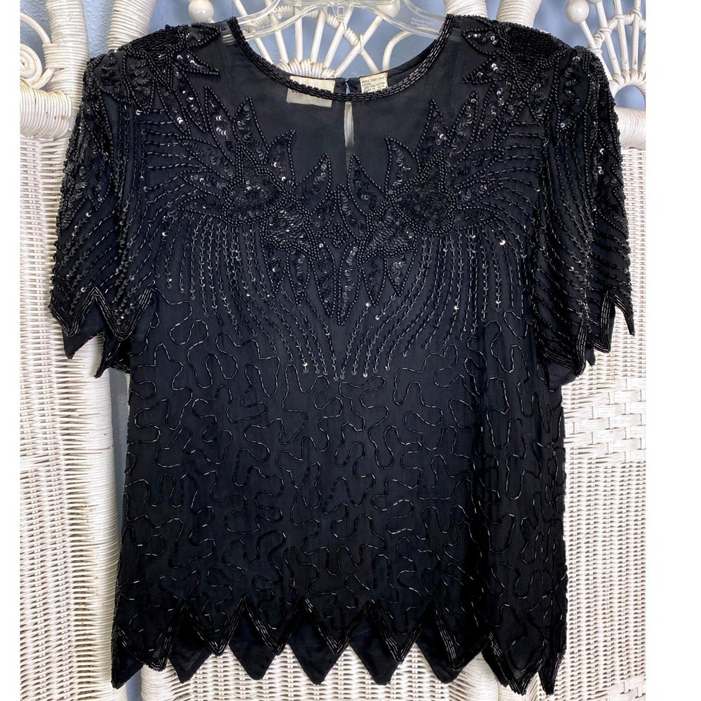Vintage 80s Denise Elle Black Beaded Silk Top S Art Deco Sequin‎ Evening Blouse